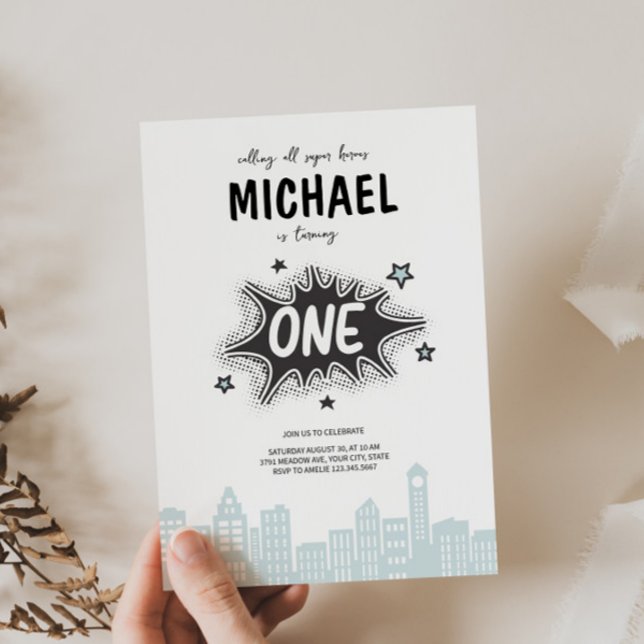 Invitación de primer cumpleaños a Superhéroe de hi (Subido por el creador)