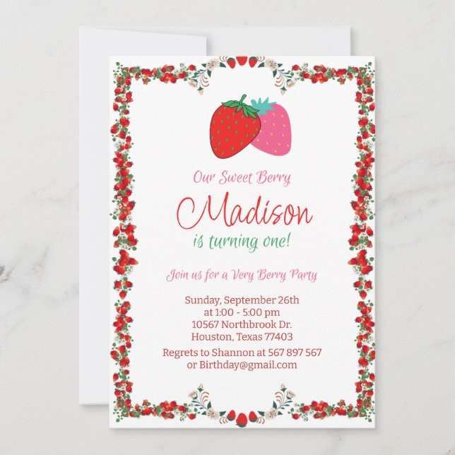 Invitación de primer cumpleaños a Sweet Berry Stra (Anverso)