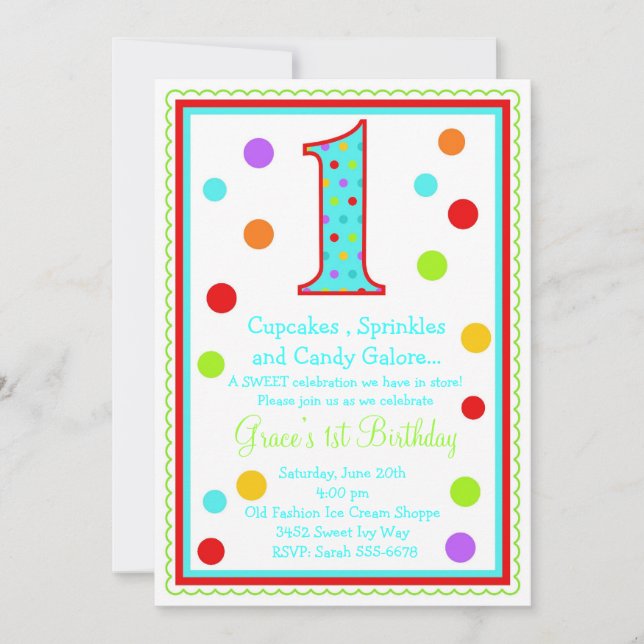 Invitación de primer cumpleaños a Sweet Surprise (Anverso)