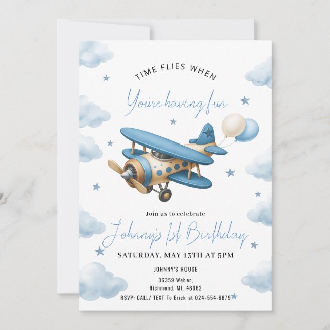 Invitación de primer cumpleaños a un avión de un c (Anverso)