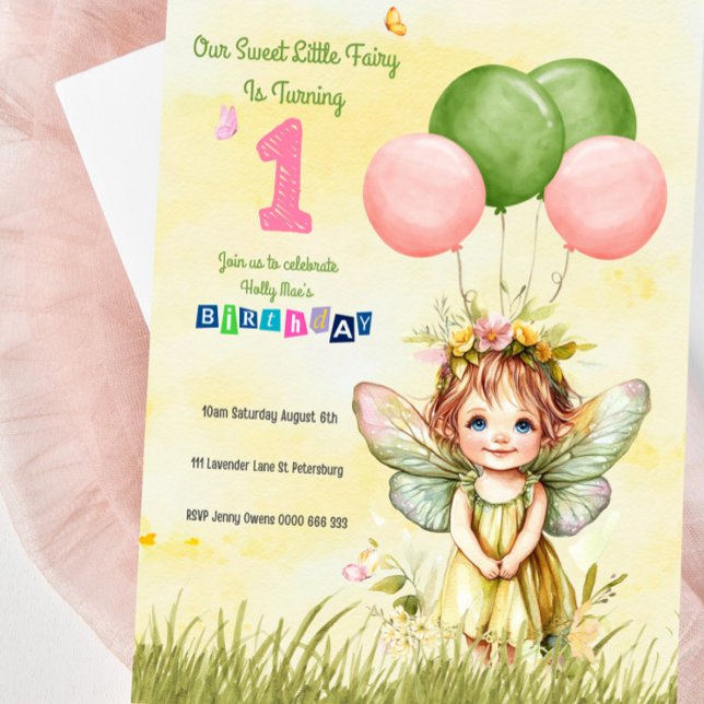 Invitación de primer cumpleaños a un dulce y peson (Sweet Pastel Fairy First Birthday Invitation For Girls - Fairytale themed Birthday)