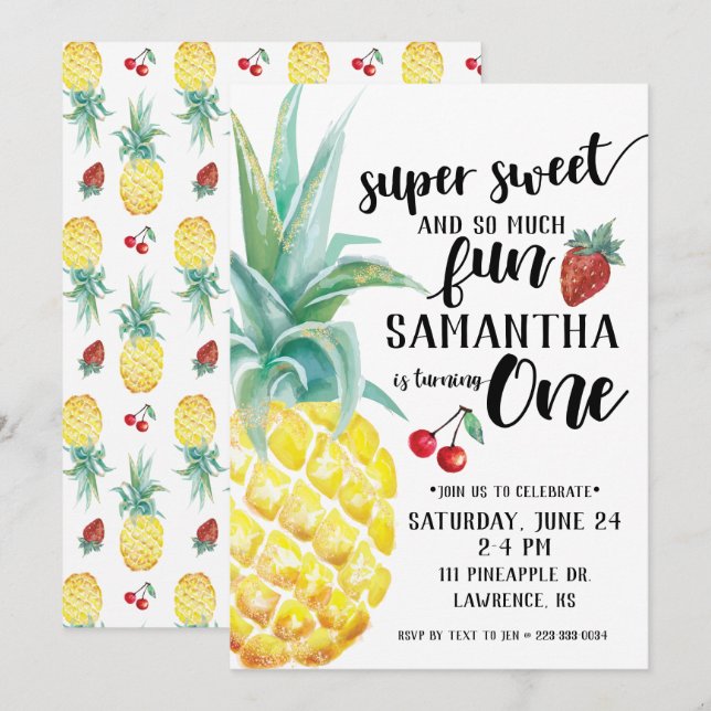 Invitación de primer cumpleaños a un super dulce f (Anverso / Reverso)