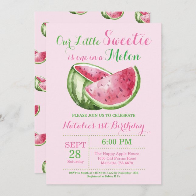 Invitación de primer cumpleaños a una sandía melón (Anverso / Reverso)