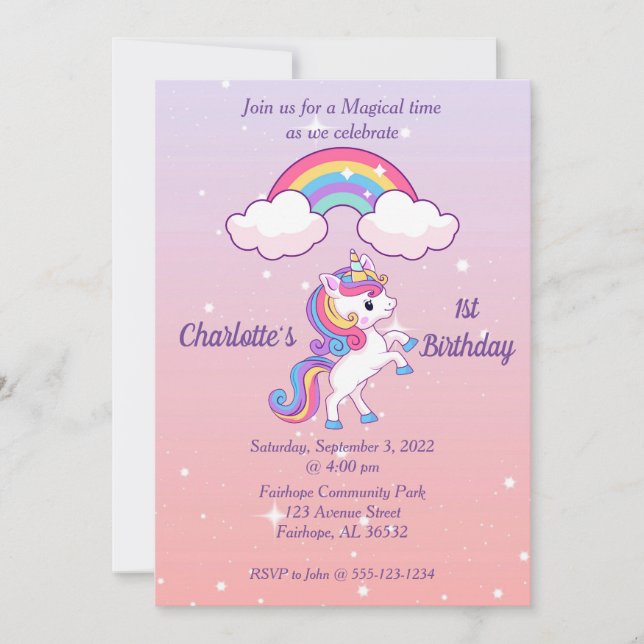 Invitación de primer cumpleaños a unicornio Sparkl (Anverso)