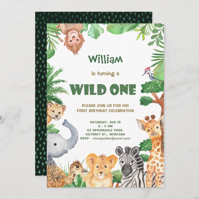 Invitación de primer cumpleaños a Wild One Jungle  (Anverso / Reverso)