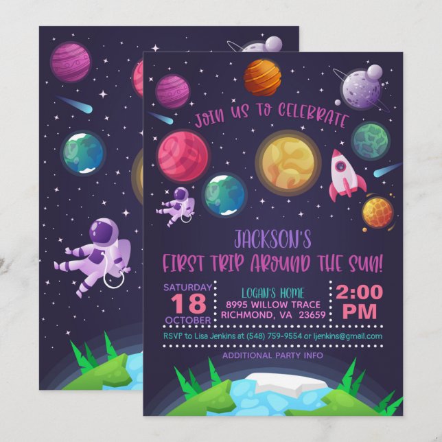 Invitación de primer cumpleaños al espacio - prime (Anverso / Reverso)