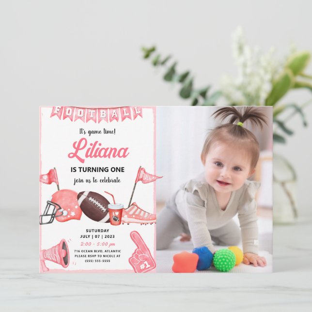 Invitación de primer cumpleaños al fútbol chica co (Anverso de pie)