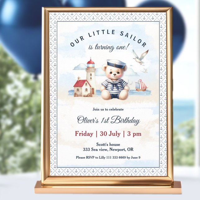 Invitación de primer cumpleaños al marinero náutic (Nautical Sailor Cute Bear 1st Birthday Invitation)