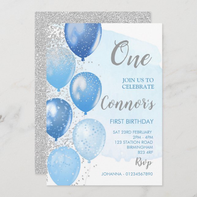 Invitación de primer cumpleaños azul y plata (Anverso / Reverso)