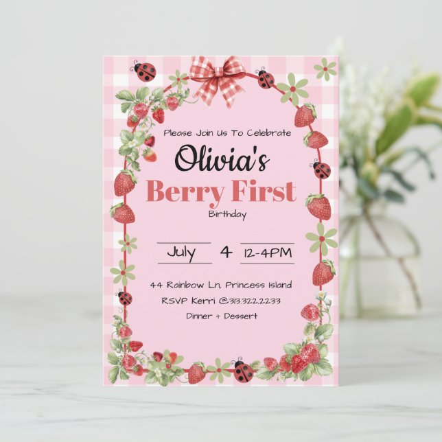 Invitación de primer cumpleaños Berry Sweet (Anverso de pie)
