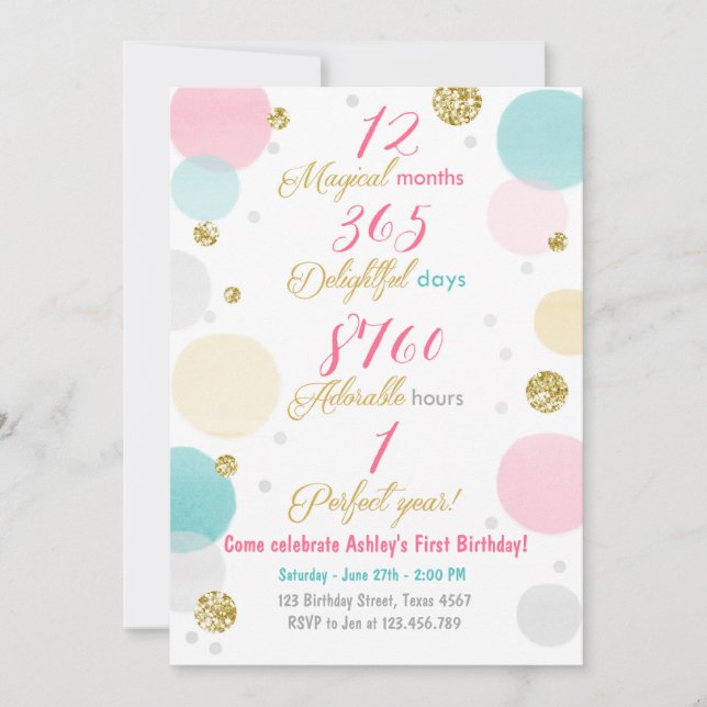 Invitación de primer cumpleaños Chica Pink Gold me (Anverso)