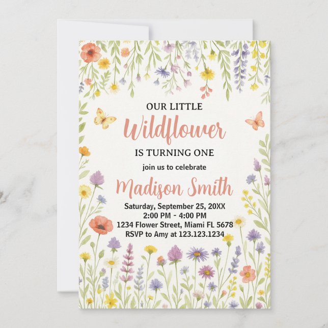 Invitación de primer cumpleaños con flores (Anverso)