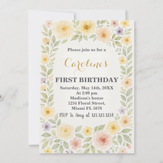 Invitación de primer cumpleaños con flores (Anverso)