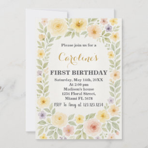 Invitación de primer cumpleaños con flores
