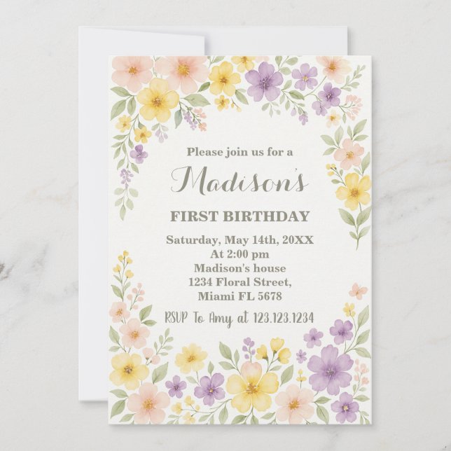 Invitación de primer cumpleaños con flores (Anverso)