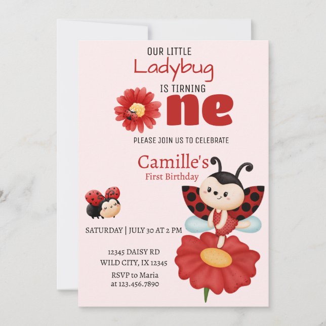 Invitación de primer cumpleaños con flores de cute (Anverso)