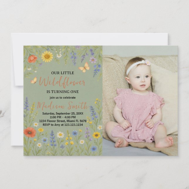 Invitación de primer cumpleaños con flores de lujo (Anverso)