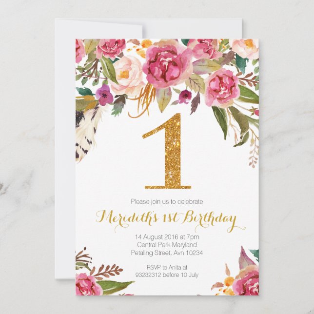 Invitación de primer cumpleaños con flores y oro (Anverso)