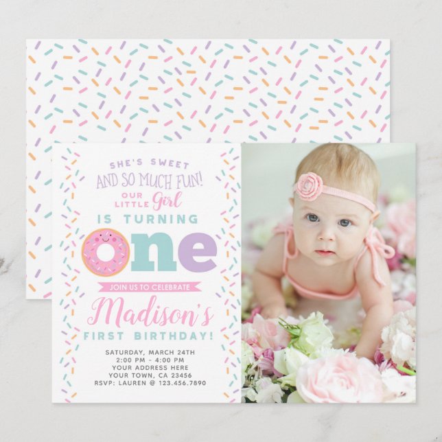 Invitación de primer cumpleaños con foto (Anverso / Reverso)