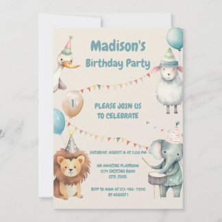 Invitación de primer cumpleaños con tema animal ad