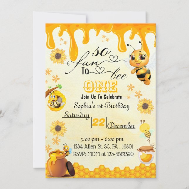 Invitación de primer cumpleaños de abeja de abeja  (Anverso)