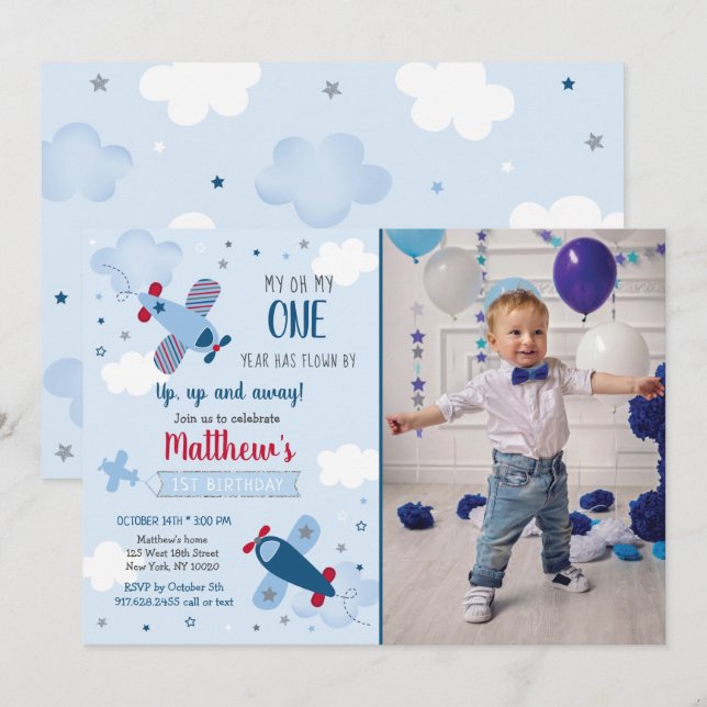 Invitación de primer cumpleaños de Airplane Stars  (Anverso / Reverso)
