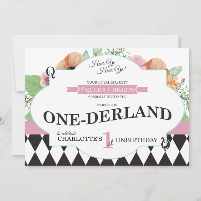 Invitación de primer cumpleaños de Alice In Oneder (Anverso)