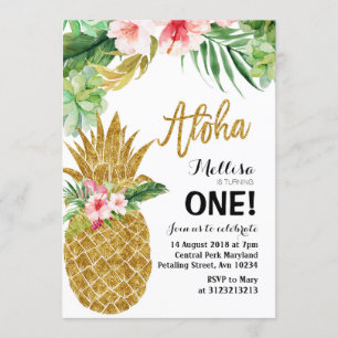 Invitación de primer cumpleaños de Aloha Gold Pine