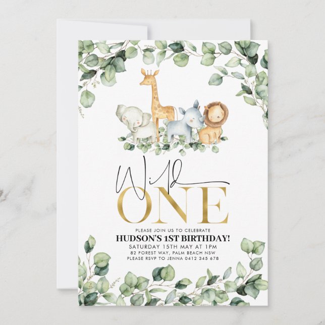 Invitación de primer cumpleaños de animales salvaj (Anverso)