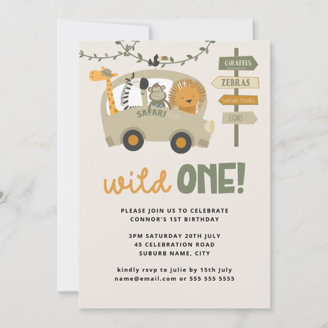 Invitación de primer cumpleaños de animales salvaj (Anverso)