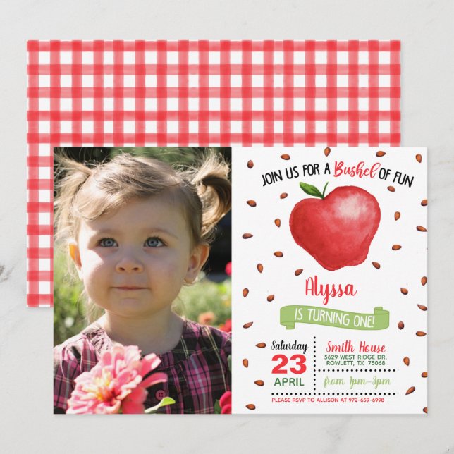 Invitación de primer cumpleaños de Apple con foto (Anverso / Reverso)