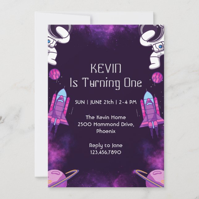 Invitación de primer cumpleaños de Astronauta Cute (Anverso)