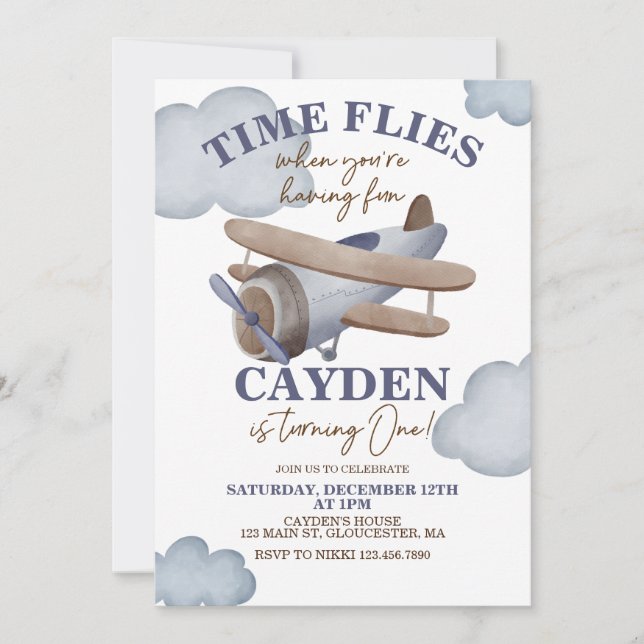 Invitación de primer cumpleaños de avión El tiempo (Anverso)