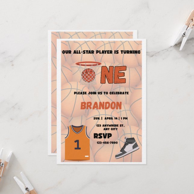 Invitación de primer cumpleaños de baloncesto | Es (Anverso/Reverso In Situ)