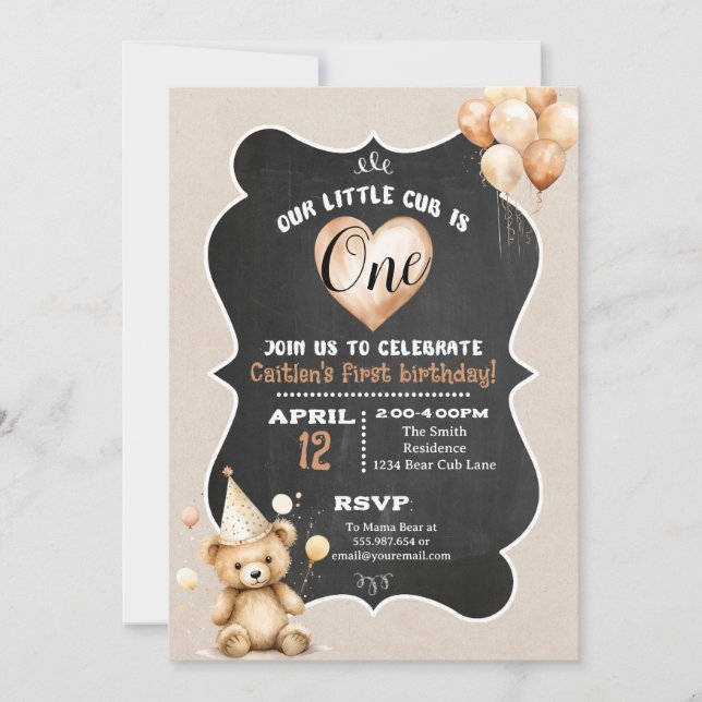 Invitación de primer cumpleaños de Bear Cub (Anverso)