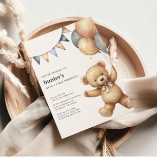 Invitación de primer cumpleaños de Bear-Y Cute Boy