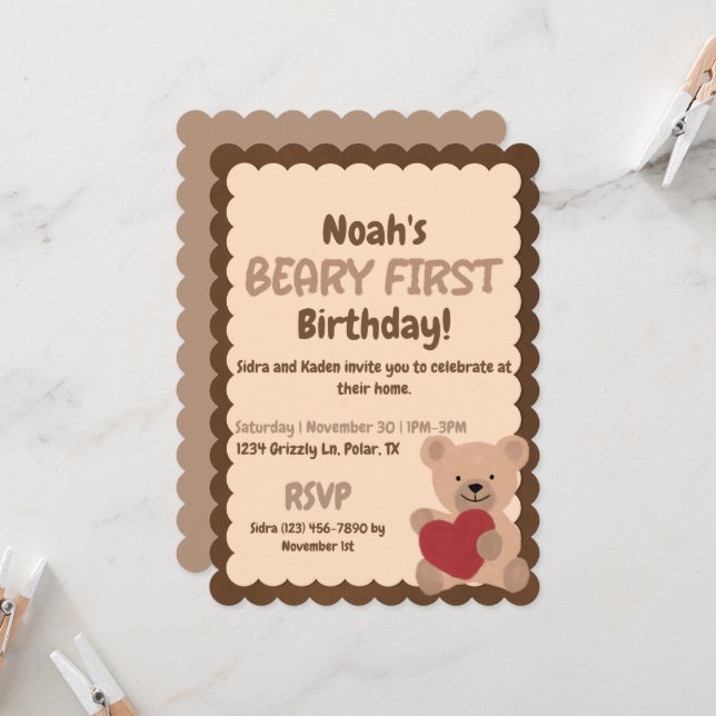 Invitación de primer cumpleaños de Beary (Anverso/Reverso In Situ)