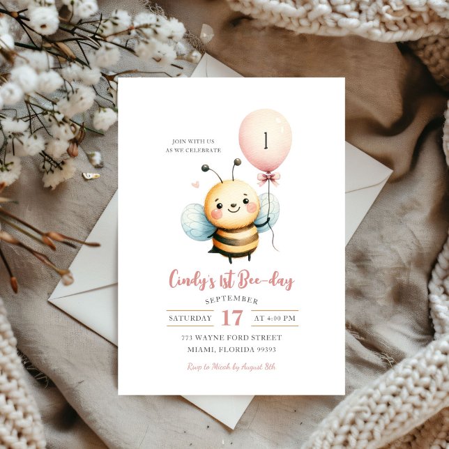 Invitación de primer cumpleaños de Bee Balloon (Subido por el creador)