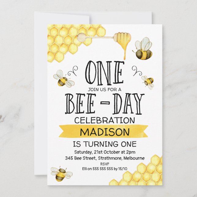 Invitación de primer cumpleaños de Bee Themed Bee (Anverso)
