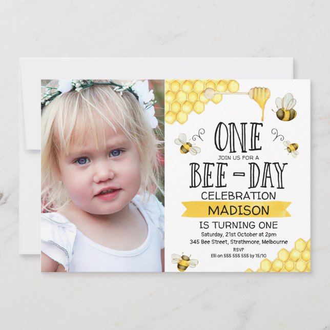 Invitación de primer cumpleaños de Bee Themed Phot (Anverso)