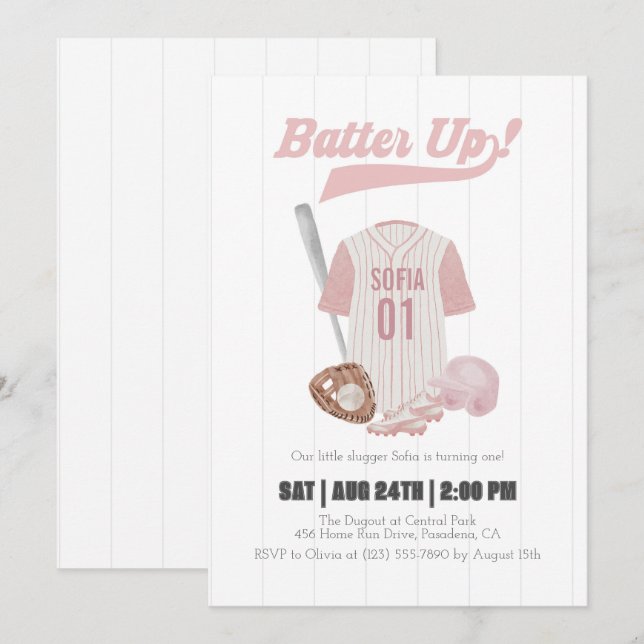 Invitación de primer cumpleaños de Béisbol con Bat (Anverso / Reverso)