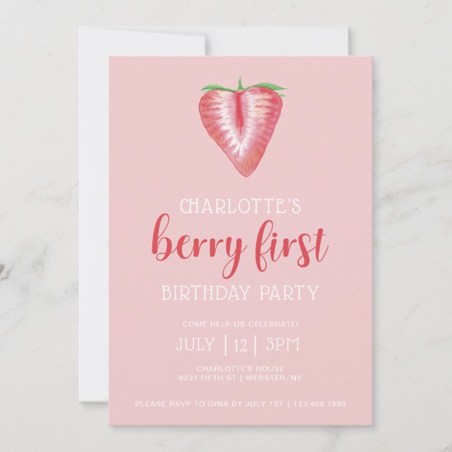 Invitación de primer cumpleaños de Berry de fruta  (Anverso)