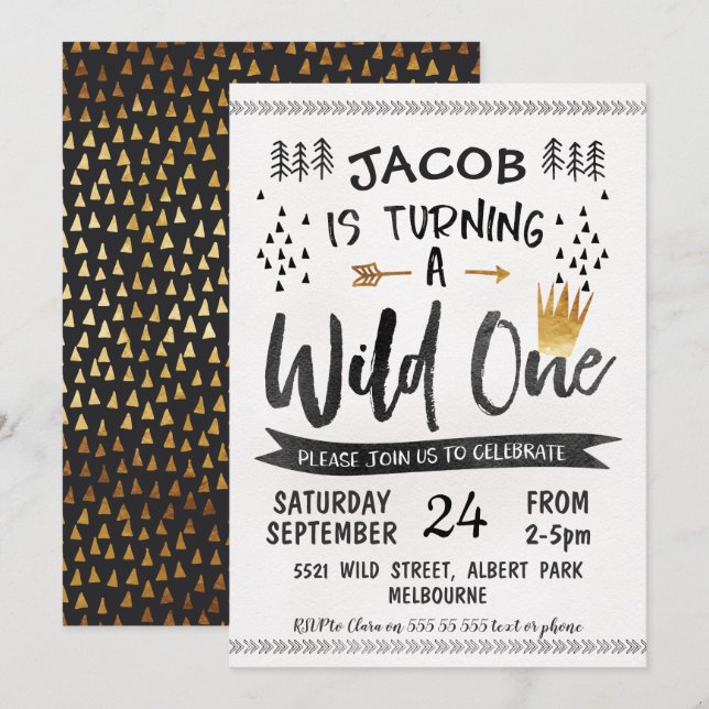 Invitación de primer cumpleaños de Black Gold Wild (Anverso / Reverso)