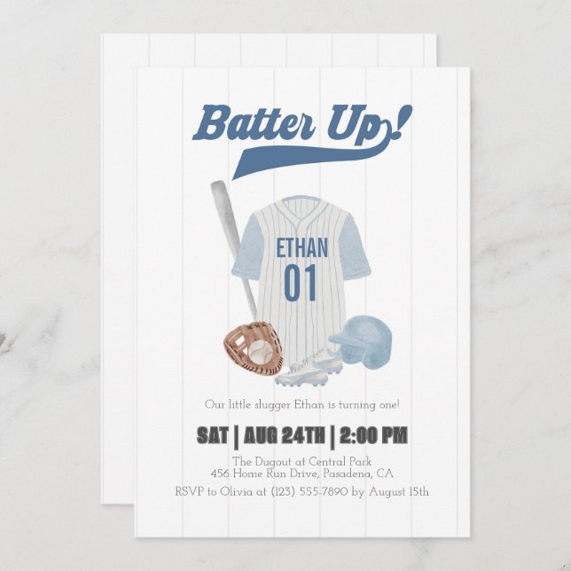 Invitación de primer cumpleaños de Blue Batter Up  (Anverso / Reverso)