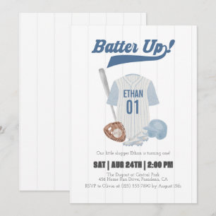 Invitación de primer cumpleaños de Blue Batter Up 