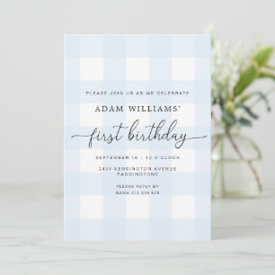 Invitación de primer cumpleaños de Blue Gingham