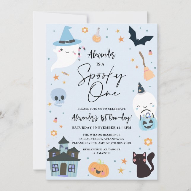 Invitación de primer cumpleaños de Blue Halloween (Anverso)