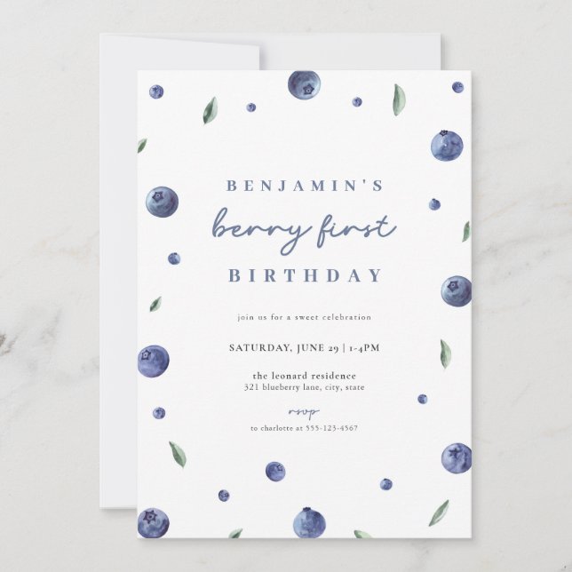 Invitación de primer cumpleaños de Blueberry Boy B (Anverso)