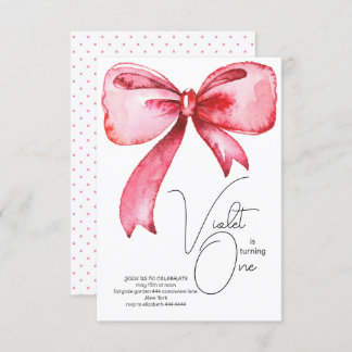 Invitación de primer cumpleaños de Bow rosado