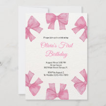 Invitación de primer cumpleaños de Bow rosado